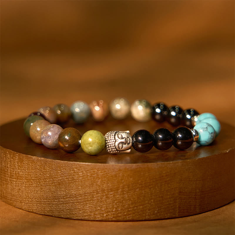 Fortune Jewel Natural Black Onyx White Stone Green Aventurine Tiger Eye Agate Mixed Color Buddha Head Protection Bracelet
