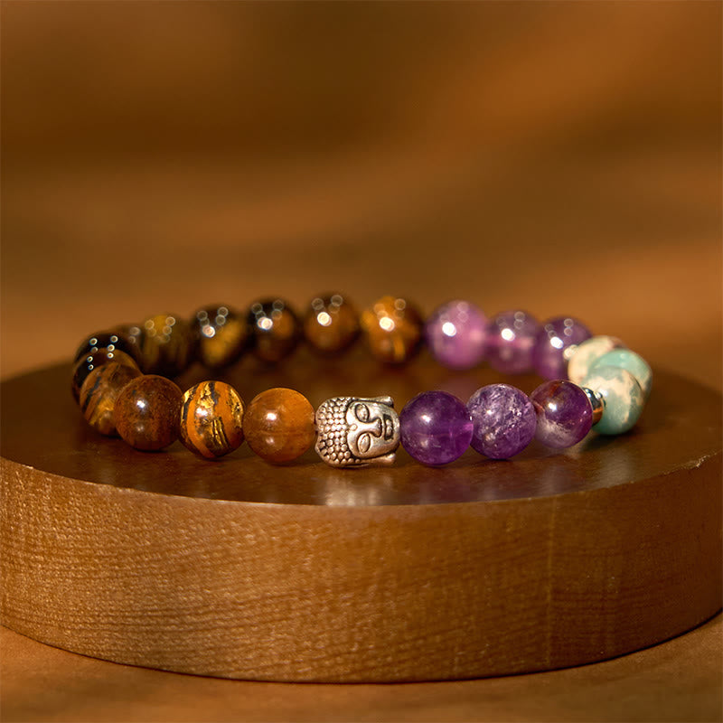 Fortune Jewel Natural Black Onyx White Stone Green Aventurine Tiger Eye Agate Mixed Color Buddha Head Protection Bracelet