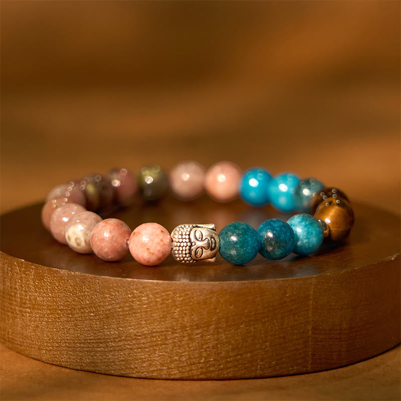 Fortune Jewel Natural Black Onyx White Stone Green Aventurine Tiger Eye Agate Mixed Color Buddha Head Protection Bracelet