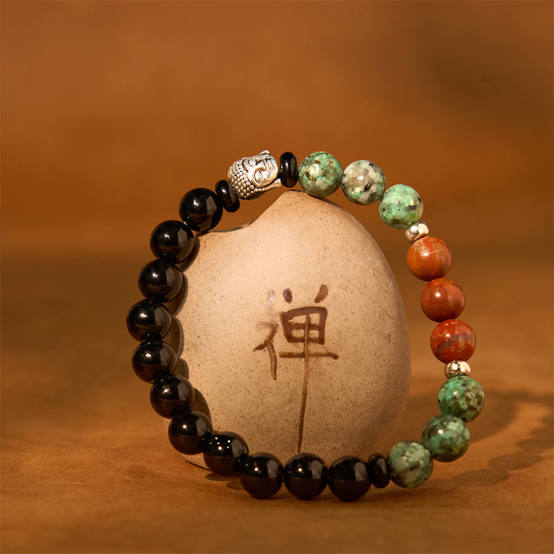 Fortune Jewel Natural Black Onyx White Stone Green Aventurine Tiger Eye Agate Mixed Color Buddha Head Protection Bracelet
