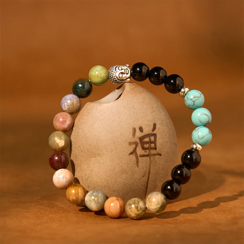 Fortune Jewel Natural Black Onyx White Stone Green Aventurine Tiger Eye Agate Mixed Color Buddha Head Protection Bracelet