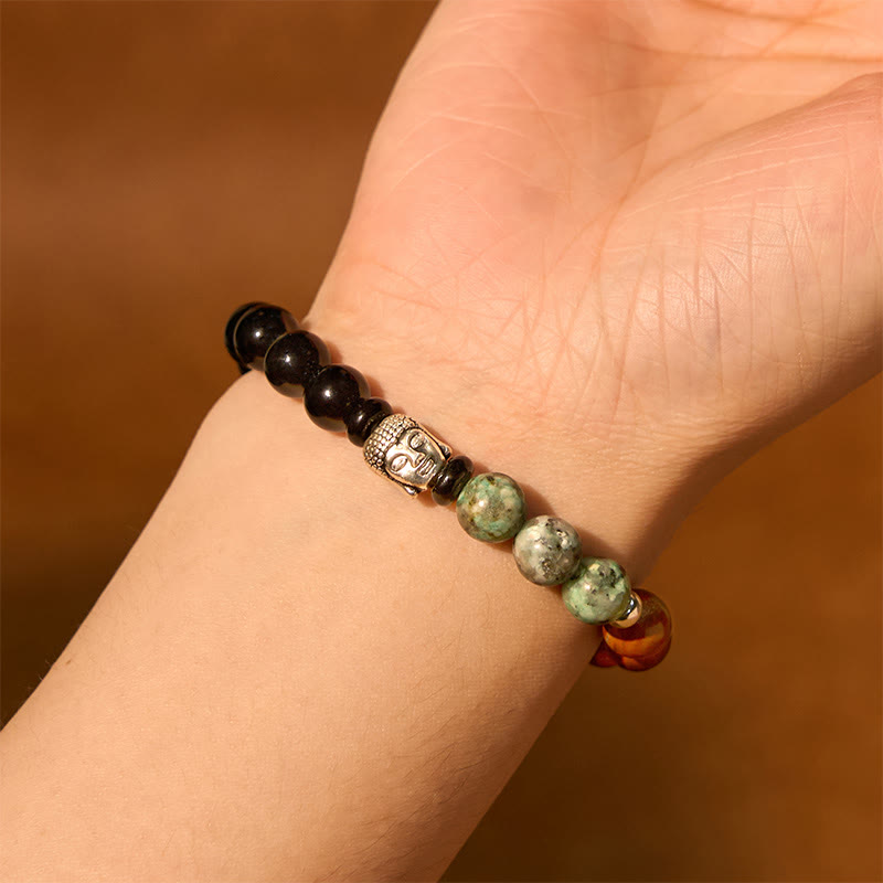 Fortune Jewel Natural Black Onyx White Stone Green Aventurine Tiger Eye Agate Mixed Color Buddha Head Protection Bracelet