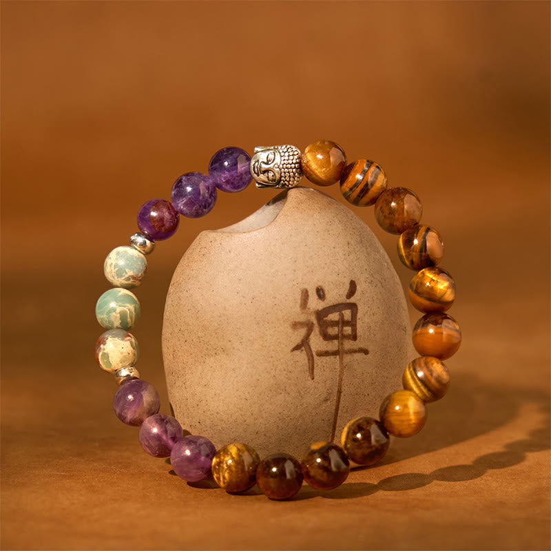 Fortune Jewel Natural Black Onyx White Stone Green Aventurine Tiger Eye Agate Mixed Color Buddha Head Protection Bracelet