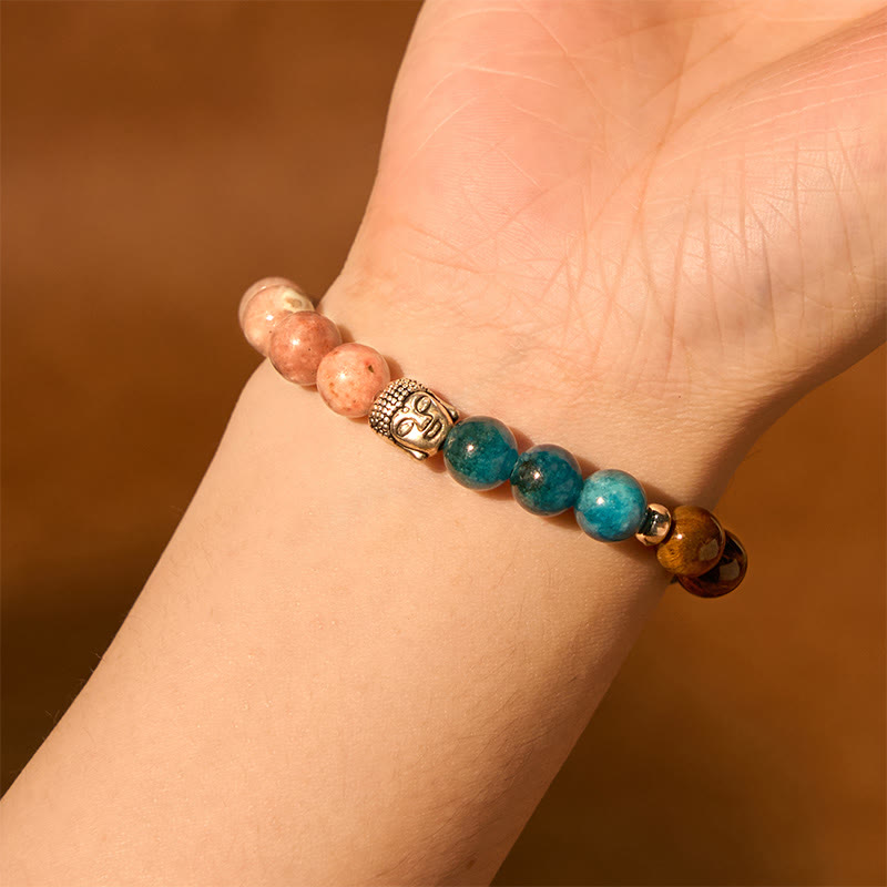 Fortune Jewel Natural Black Onyx White Stone Green Aventurine Tiger Eye Agate Mixed Color Buddha Head Protection Bracelet
