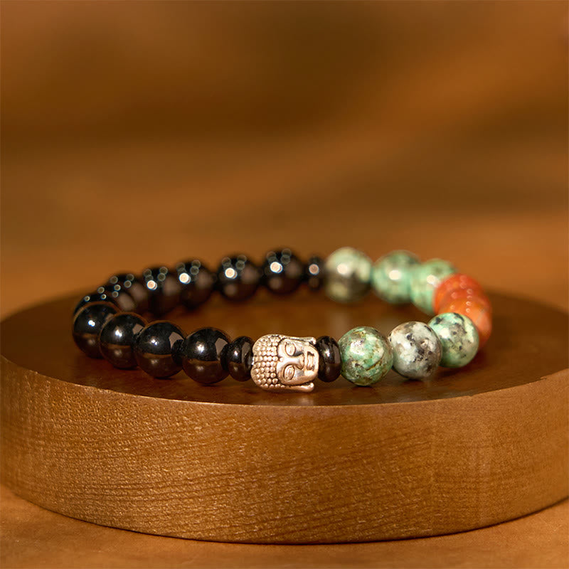 Fortune Jewel Natural Black Onyx White Stone Green Aventurine Tiger Eye Agate Mixed Color Buddha Head Protection Bracelet