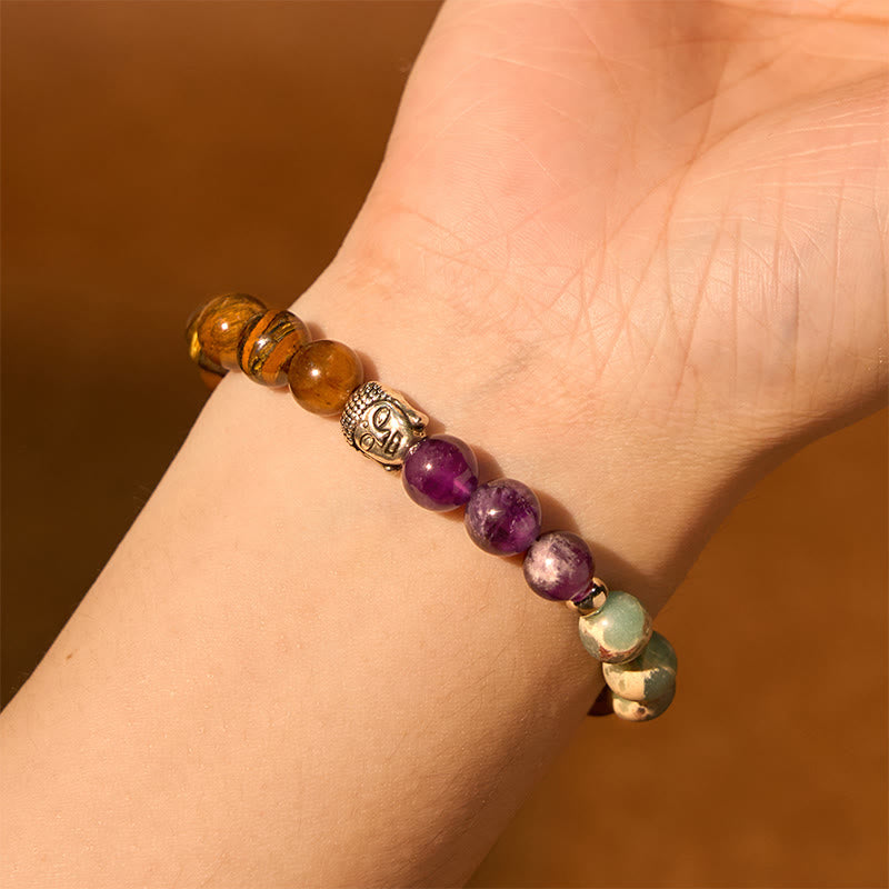 Fortune Jewel Natural Black Onyx White Stone Green Aventurine Tiger Eye Agate Mixed Color Buddha Head Protection Bracelet