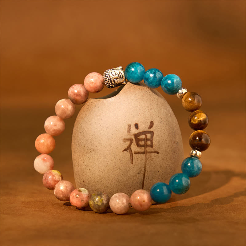 Fortune Jewel Natural Black Onyx White Stone Green Aventurine Tiger Eye Agate Mixed Color Buddha Head Protection Bracelet