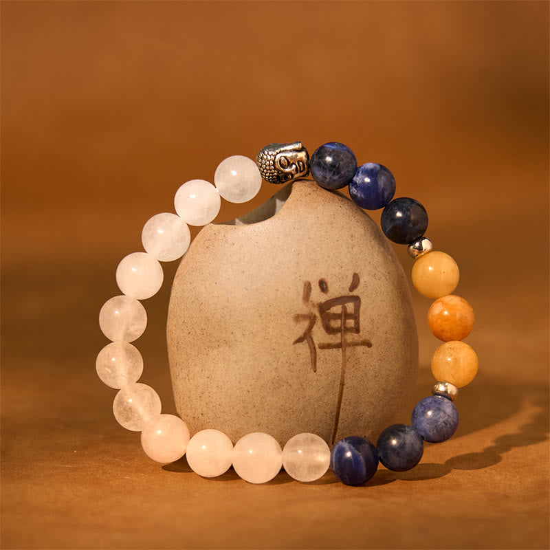 Fortune Jewel Natural Black Onyx White Stone Green Aventurine Tiger Eye Agate Mixed Color Buddha Head Protection Bracelet