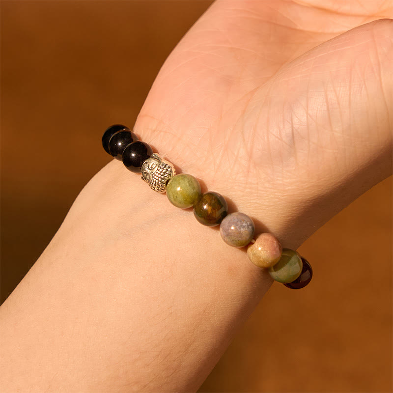 Fortune Jewel Natural Black Onyx White Stone Green Aventurine Tiger Eye Agate Mixed Color Buddha Head Protection Bracelet