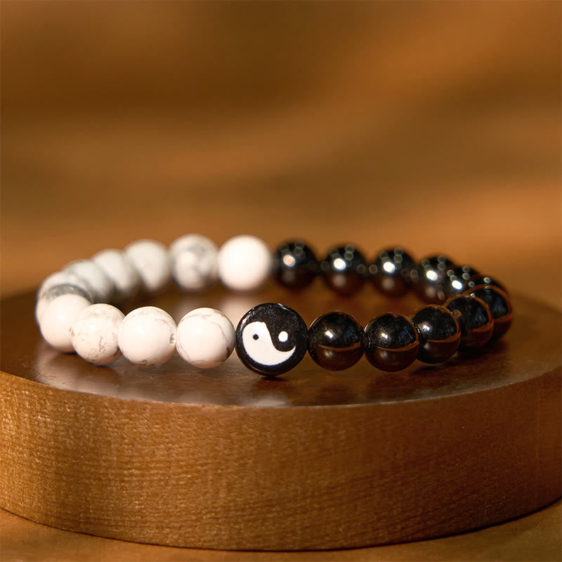 Fortune Jewel Natural Obsidian White Turquoise Yinyang Tai Chi Strength Bracelet