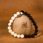 Fortune Jewel Natural Obsidian White Turquoise Yinyang Tai Chi Strength Bracelet