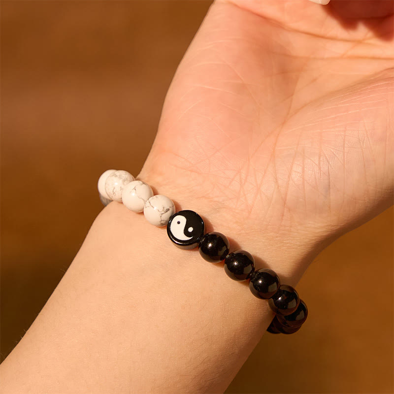 Fortune Jewel Natural Obsidian White Turquoise Yinyang Tai Chi Strength Bracelet