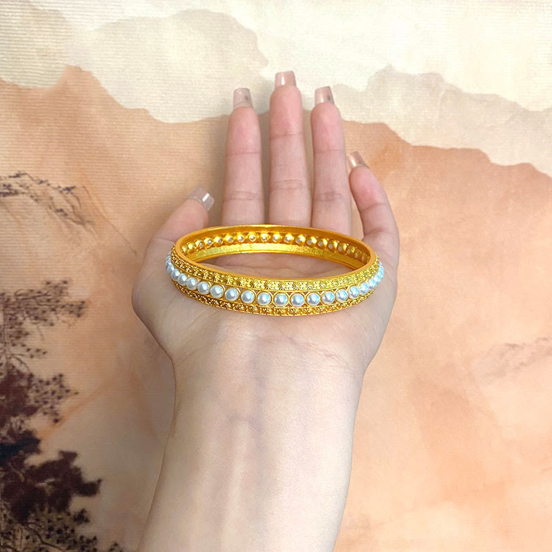 Fortune Jewel Copper Pearl Healing Cuff Half Bracelet Bangle