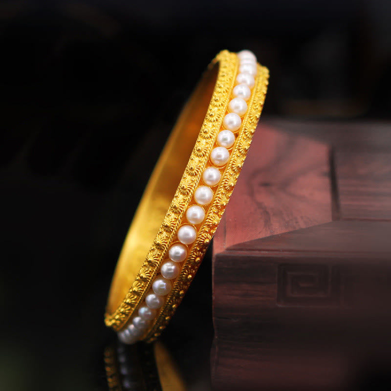 Fortune Jewel Copper Pearl Healing Cuff Half Bracelet Bangle