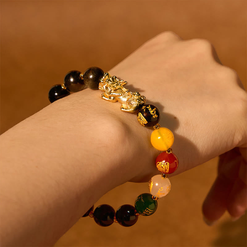 Fortune Jewel Natural Gold Sheen Obsidian PiXiu Five Directions Gods of Wealth Protection Bracelet