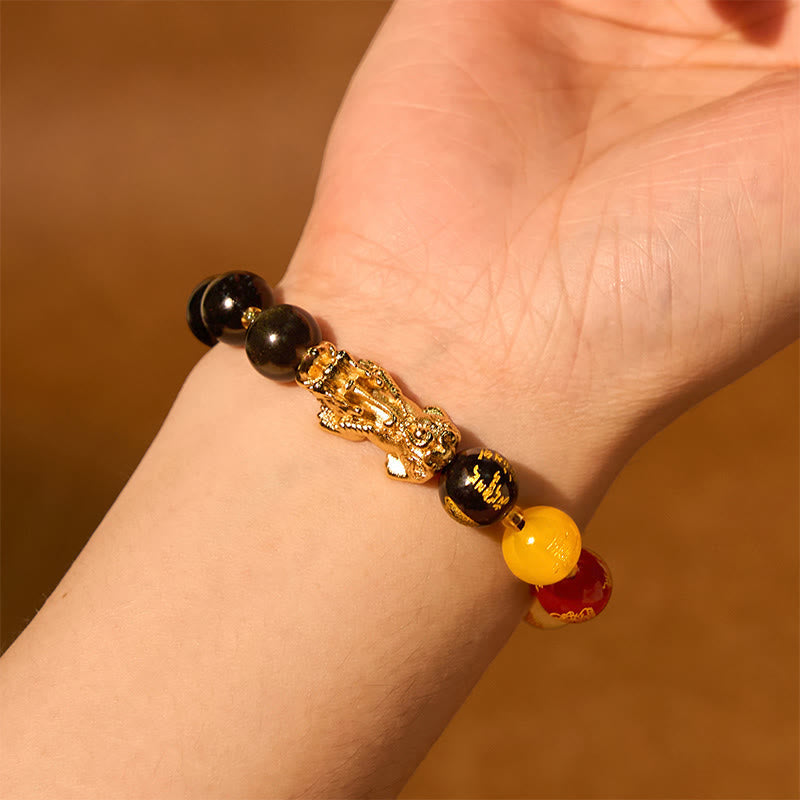Fortune Jewel Natural Gold Sheen Obsidian PiXiu Five Directions Gods of Wealth Protection Bracelet