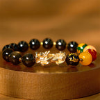 Fortune Jewel Natural Gold Sheen Obsidian PiXiu Five Directions Gods of Wealth Protection Bracelet