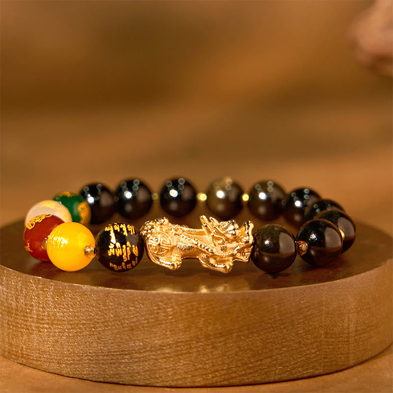 Fortune Jewel Natural Gold Sheen Obsidian PiXiu Five Directions Gods of Wealth Protection Bracelet