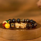 Fortune Jewel Natural Gold Sheen Obsidian PiXiu Five Directions Gods of Wealth Protection Bracelet