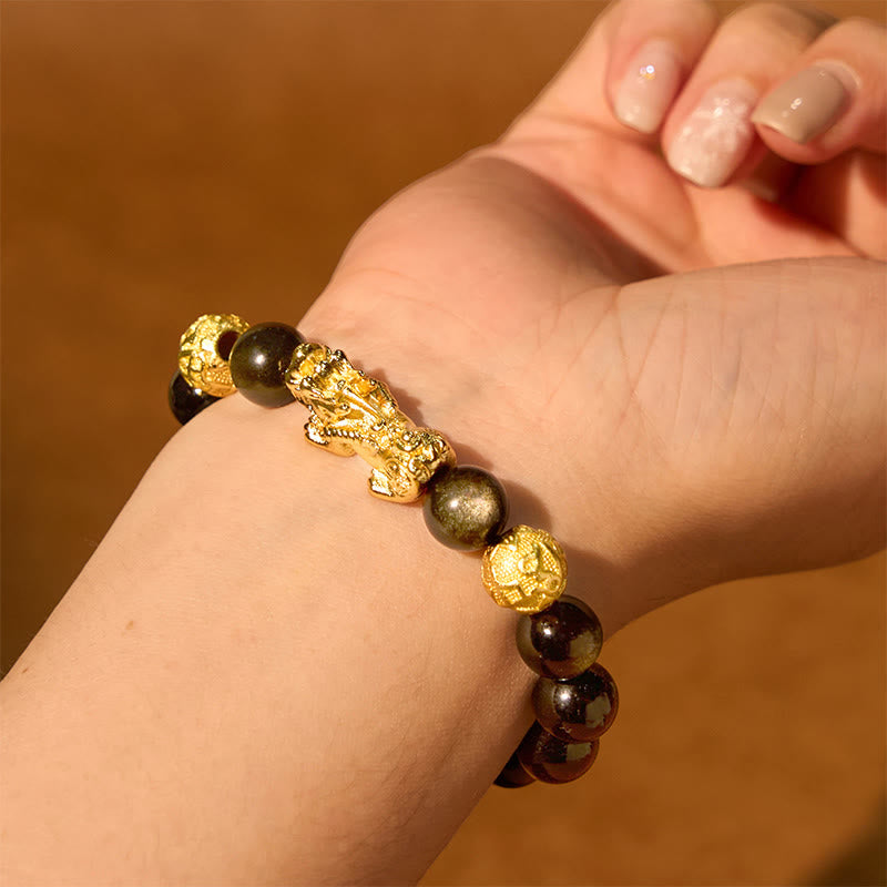 Fortune Jewel Natural Gold Sheen Obsidian PiXiu Om Mani Padme Hum Wealth Bracelet