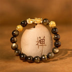 Fortune Jewel Natural Gold Sheen Obsidian PiXiu Om Mani Padme Hum Wealth Bracelet