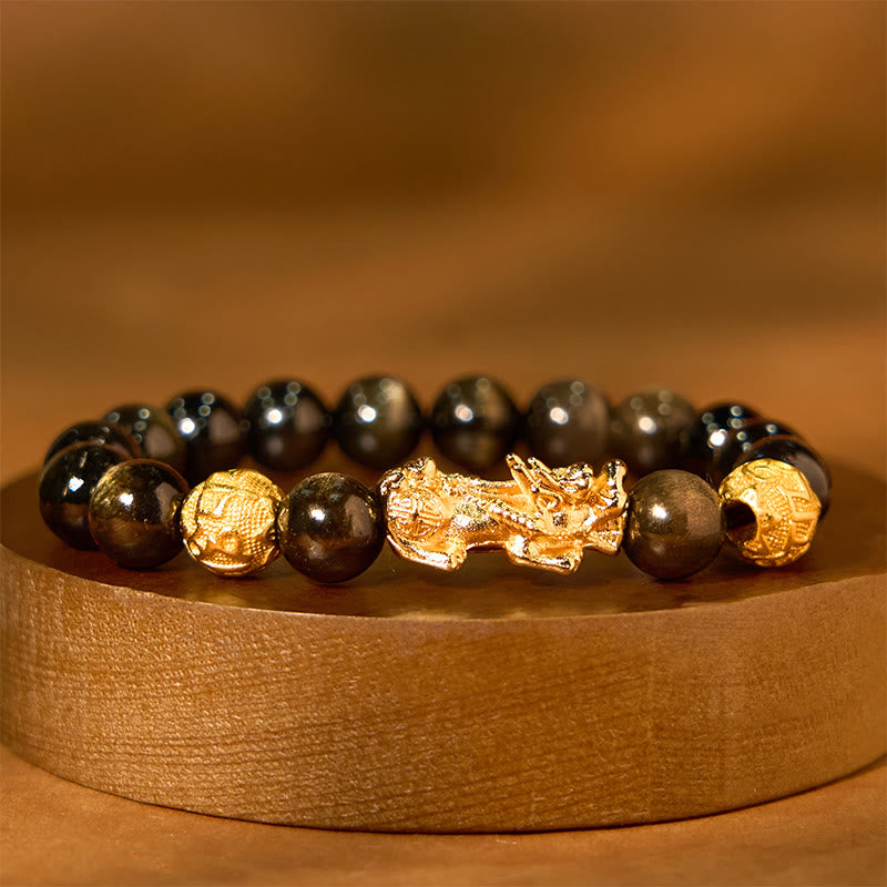 Fortune Jewel Natural Gold Sheen Obsidian PiXiu Om Mani Padme Hum Wealth Bracelet