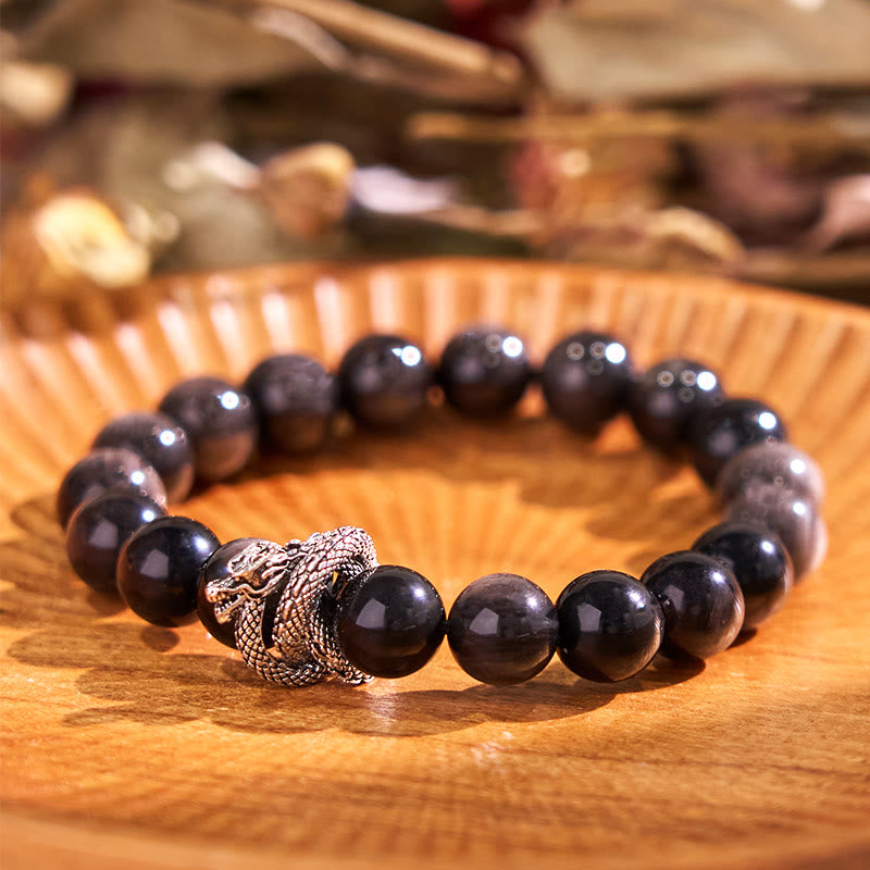Fortune Jewel Silver Sheen Obsidian Dragon Protection Bracelet