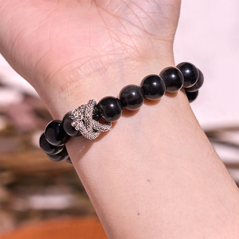 Fortune Jewel Silver Sheen Obsidian Dragon Protection Bracelet