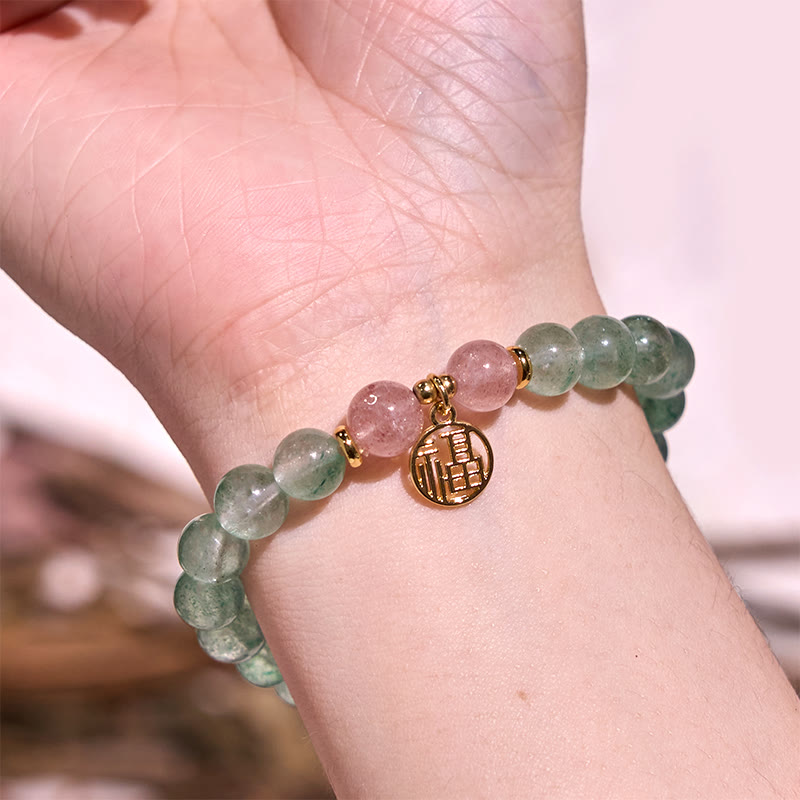 Fortune Jewel Natural Green Strawberry Quartz Soothing Fu Character Bracelet