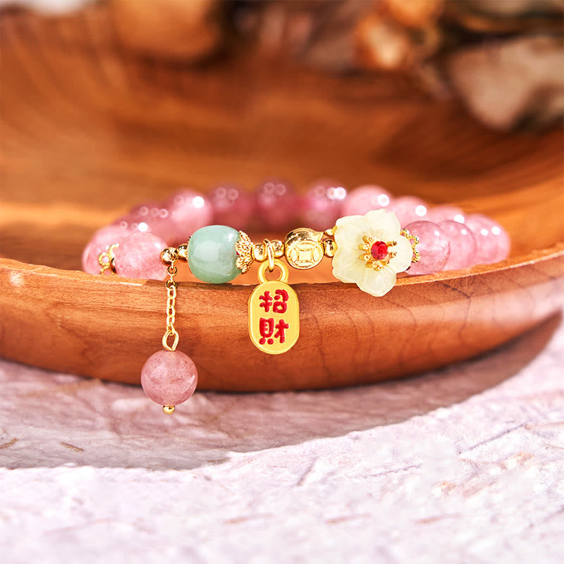 Fortune Jewel Natural Strawberry Quartz Blossom Fu Character Positivity Healing Bracelet