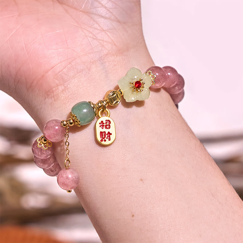 Fortune Jewel Natural Strawberry Quartz Blossom Fu Character Positivity Healing Bracelet