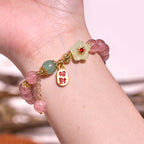 Fortune Jewel Natural Strawberry Quartz Blossom Fu Character Positivity Healing Bracelet