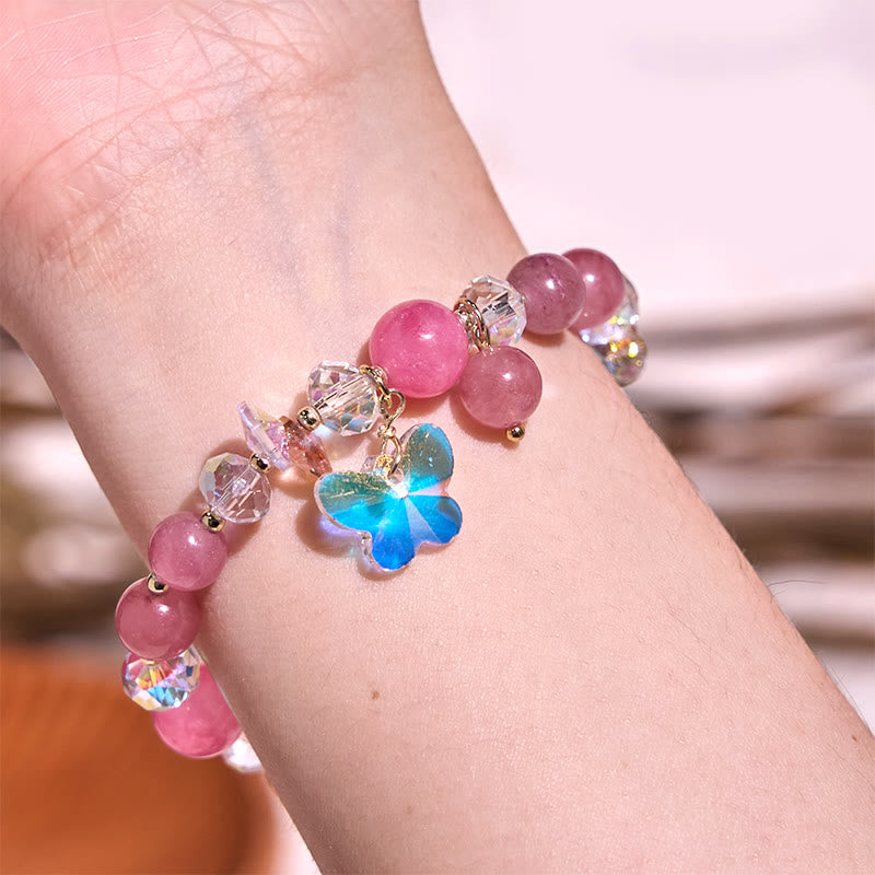 Fortune Jewel Strawberry Quartz White Crystal Pink Crystal Butterfly Love Bracelet