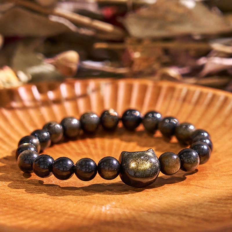 Fortune Jewel Gold Sheen Obsidian Silver Sheen Obsidian Lovely Paw Lucky Cat Protection Bracelet