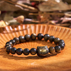 Fortune Jewel Gold Sheen Obsidian Silver Sheen Obsidian Lovely Paw Lucky Cat Protection Bracelet