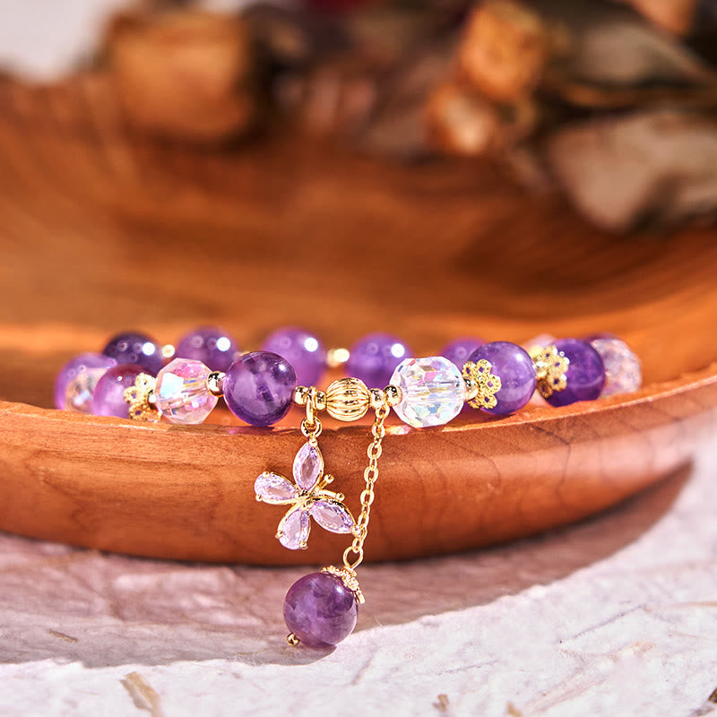 Fortune Jewel Natural Amethyst Crystal Spiritual Butterfly Charm Bracelet