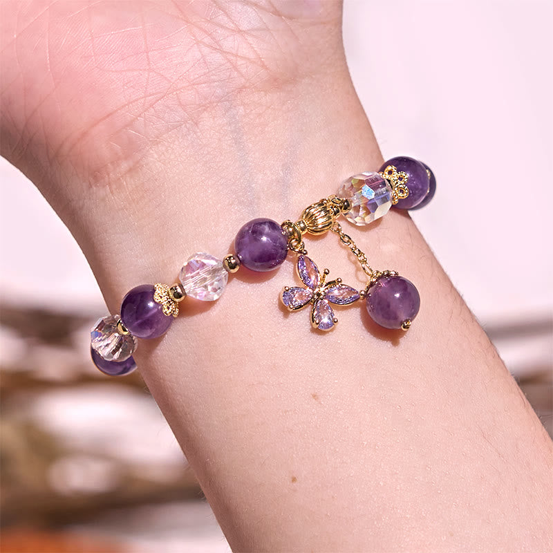 Fortune Jewel Natural Amethyst Crystal Spiritual Butterfly Charm Bracelet