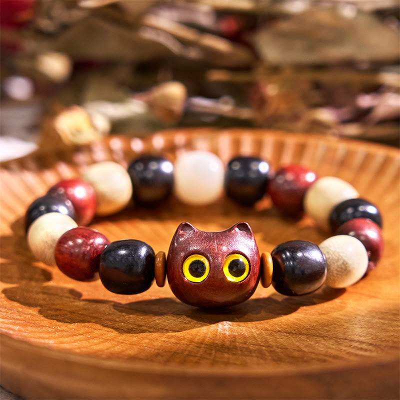 Fortune Jewel Small Leaf Red Sandalwood Ebony Wood Cute Cat Engraved Protection Bracelet