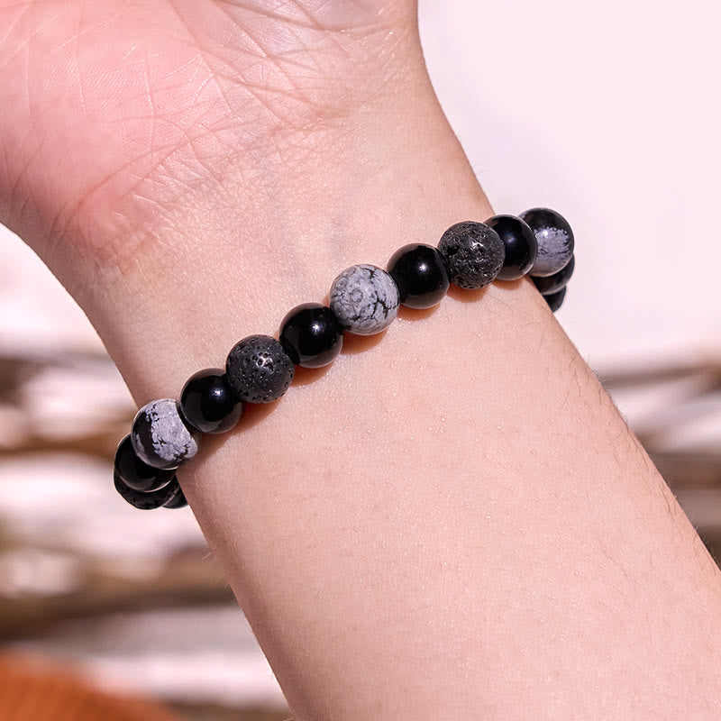 Fortune Jewel Black Obsidian Lava Rock Stone Yin Yang Strength Bracelet