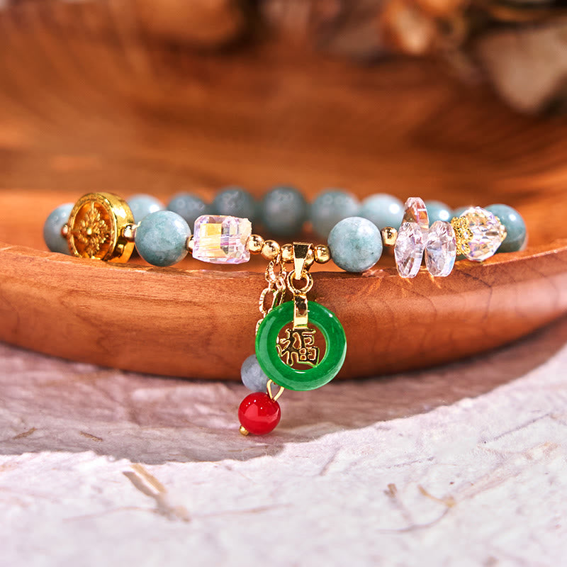 Fortune Jewel Strawberry Quartz Jade Fu Character Charm Healing Bracelet