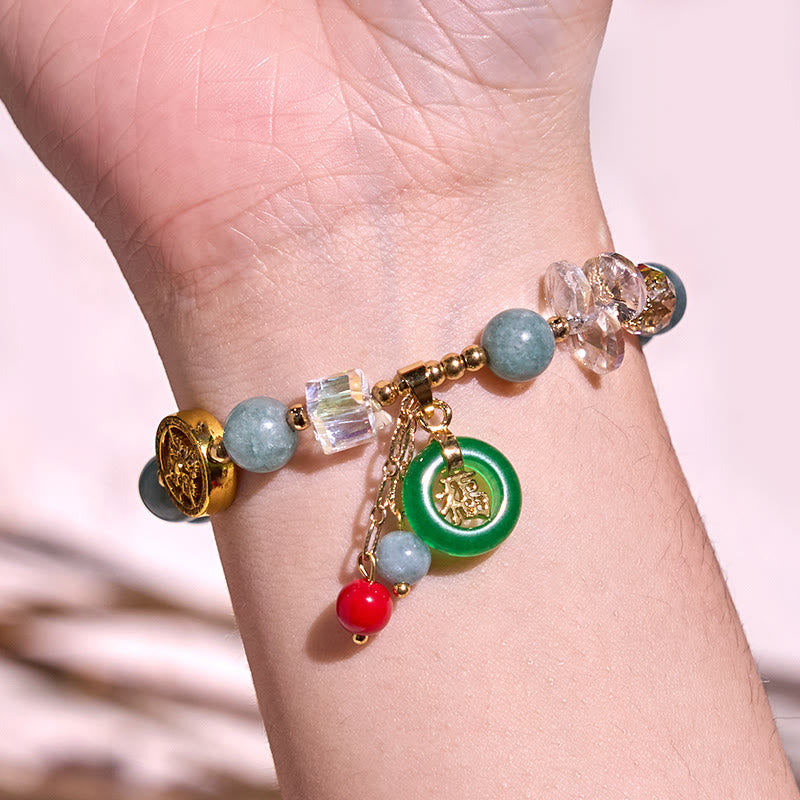 Fortune Jewel Strawberry Quartz Jade Fu Character Charm Healing Bracelet