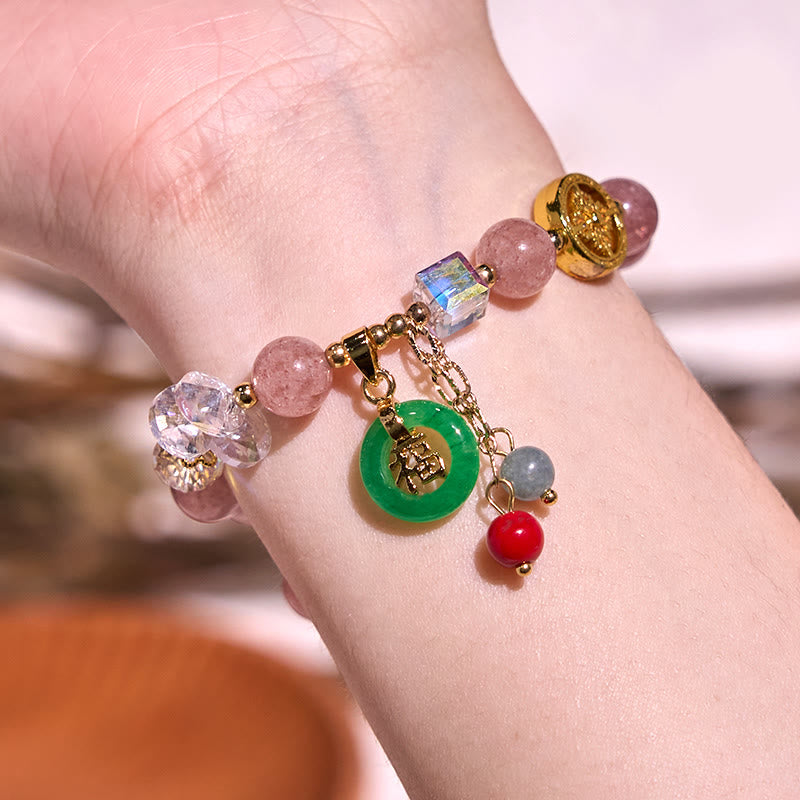 Fortune Jewel Strawberry Quartz Jade Fu Character Charm Healing Bracelet
