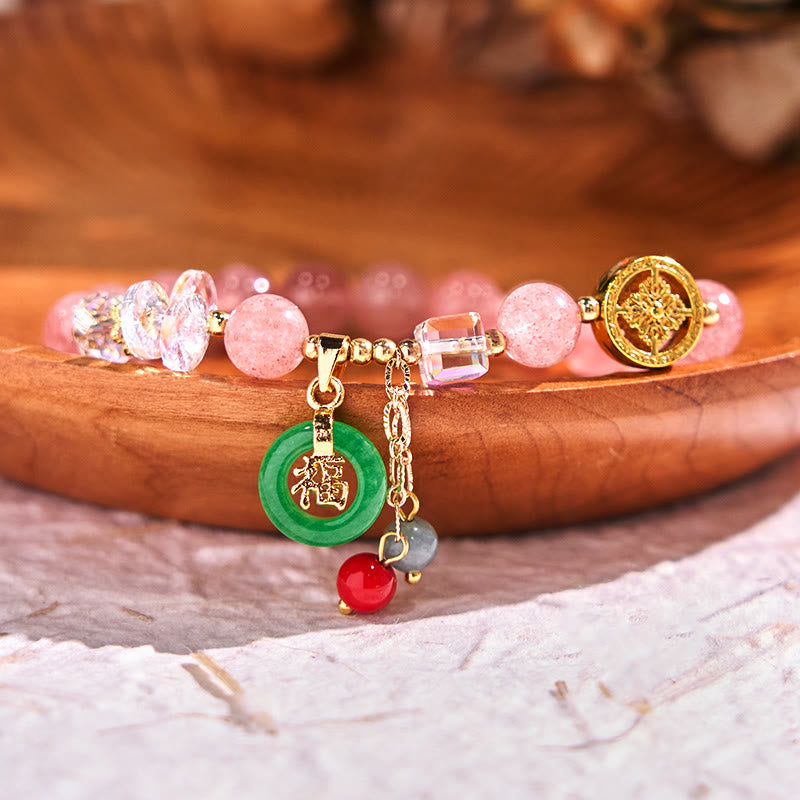Fortune Jewel Strawberry Quartz Jade Fu Character Charm Healing Bracelet