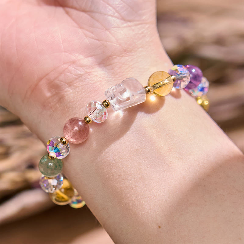 Fortune Jewel PiXiu White Crystal Citrine Green Strawberry Quartz Amethyst Luck Bracelet