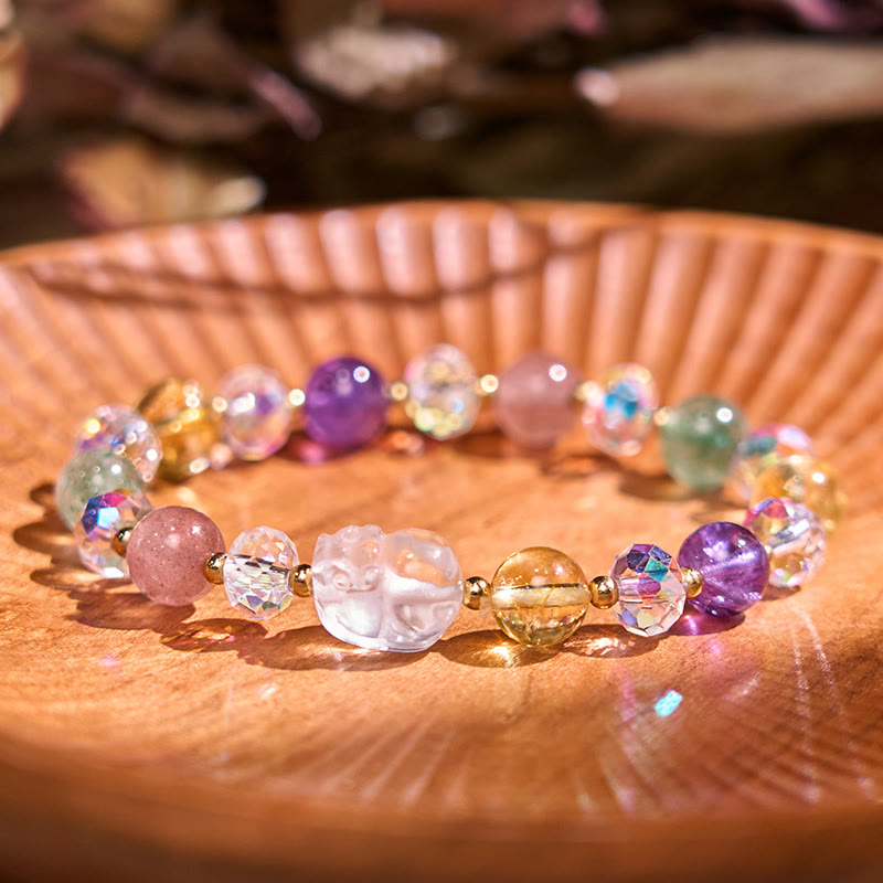 Fortune Jewel PiXiu White Crystal Citrine Green Strawberry Quartz Amethyst Luck Bracelet