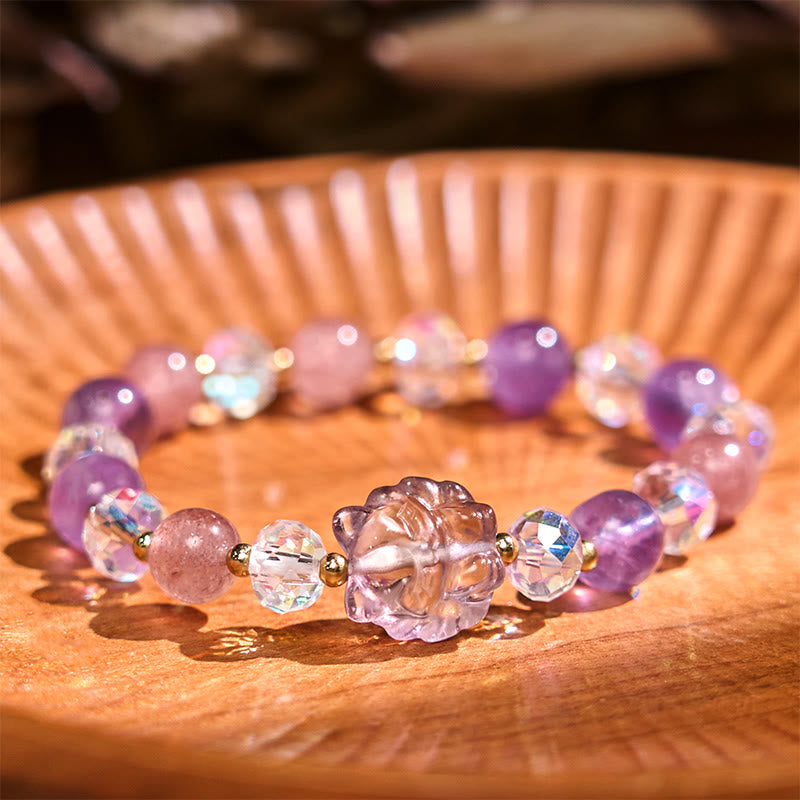 Fortune Jewel Amethyst Strawberry Quartz White Crystal Nine Tailed Fox Meditation Bracelet