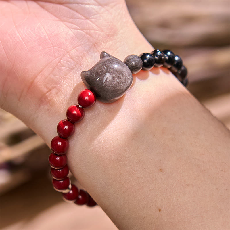 Fortune Jewel Black Obsidian Cinnabar Silver Sheen Obsidian Cat Fulfilment Bracelet