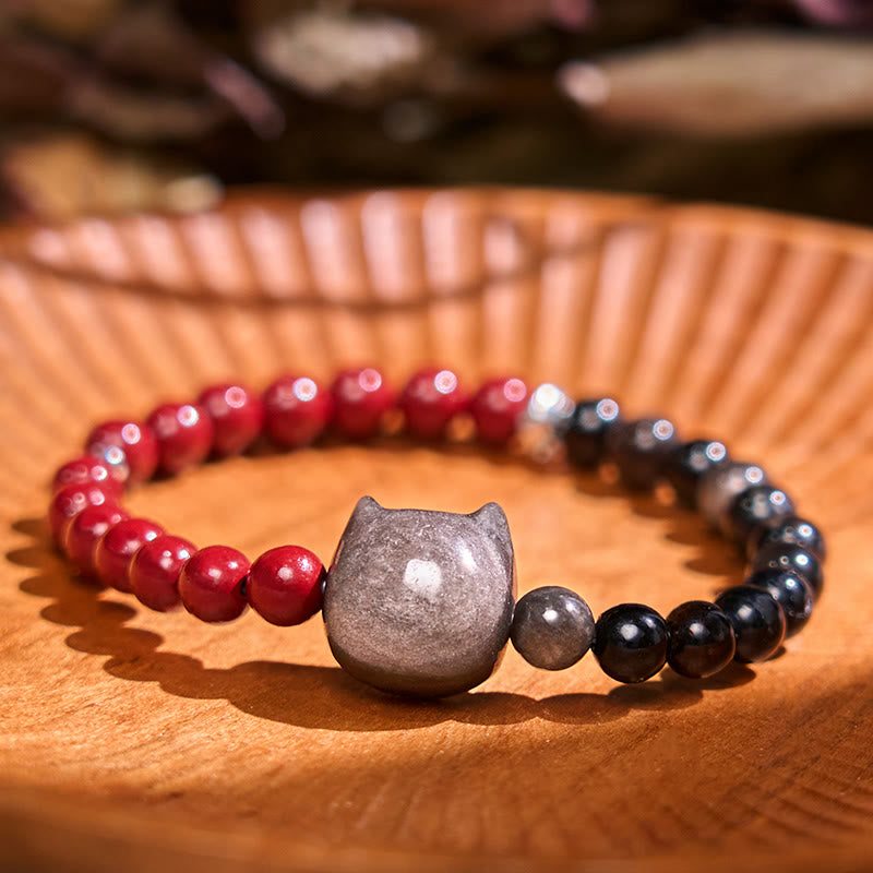 Fortune Jewel Black Obsidian Cinnabar Silver Sheen Obsidian Cat Fulfilment Bracelet