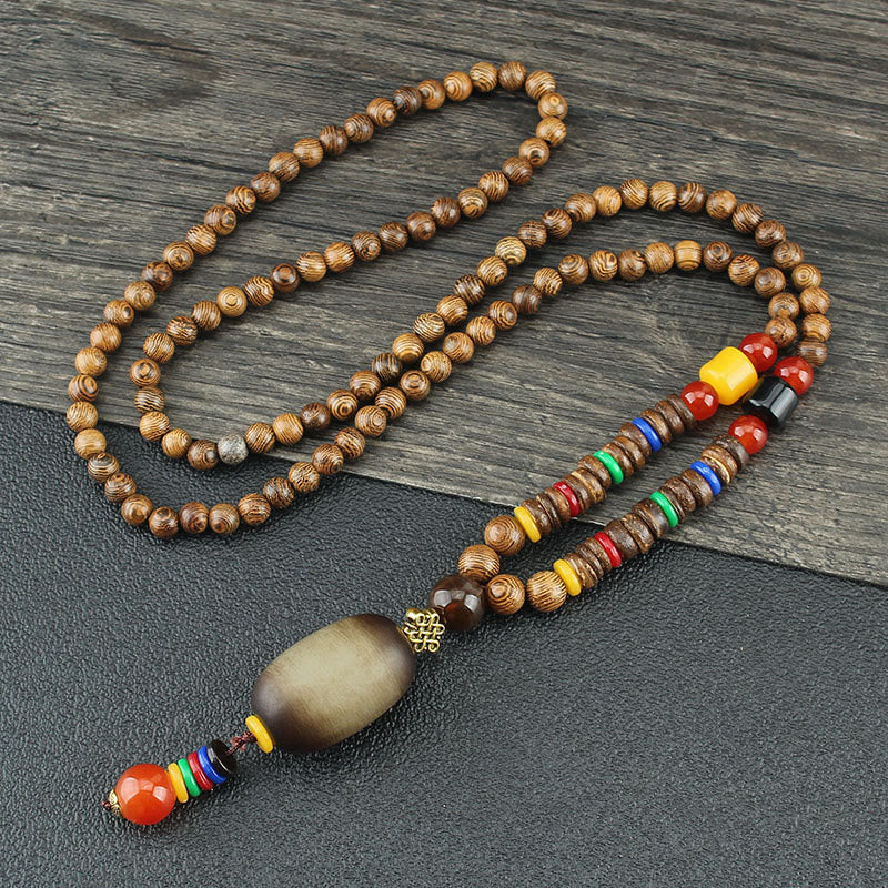 Fortune Jewel Tibetan Wenge Wood Bodhi Seed Agate Balance Peace Necklace Pendant
