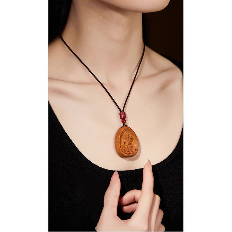 Fortune Jewel Peach Wood Cinnabar Om Mani Padme Hum Chinese Zodiac Black String Necklace Pendants